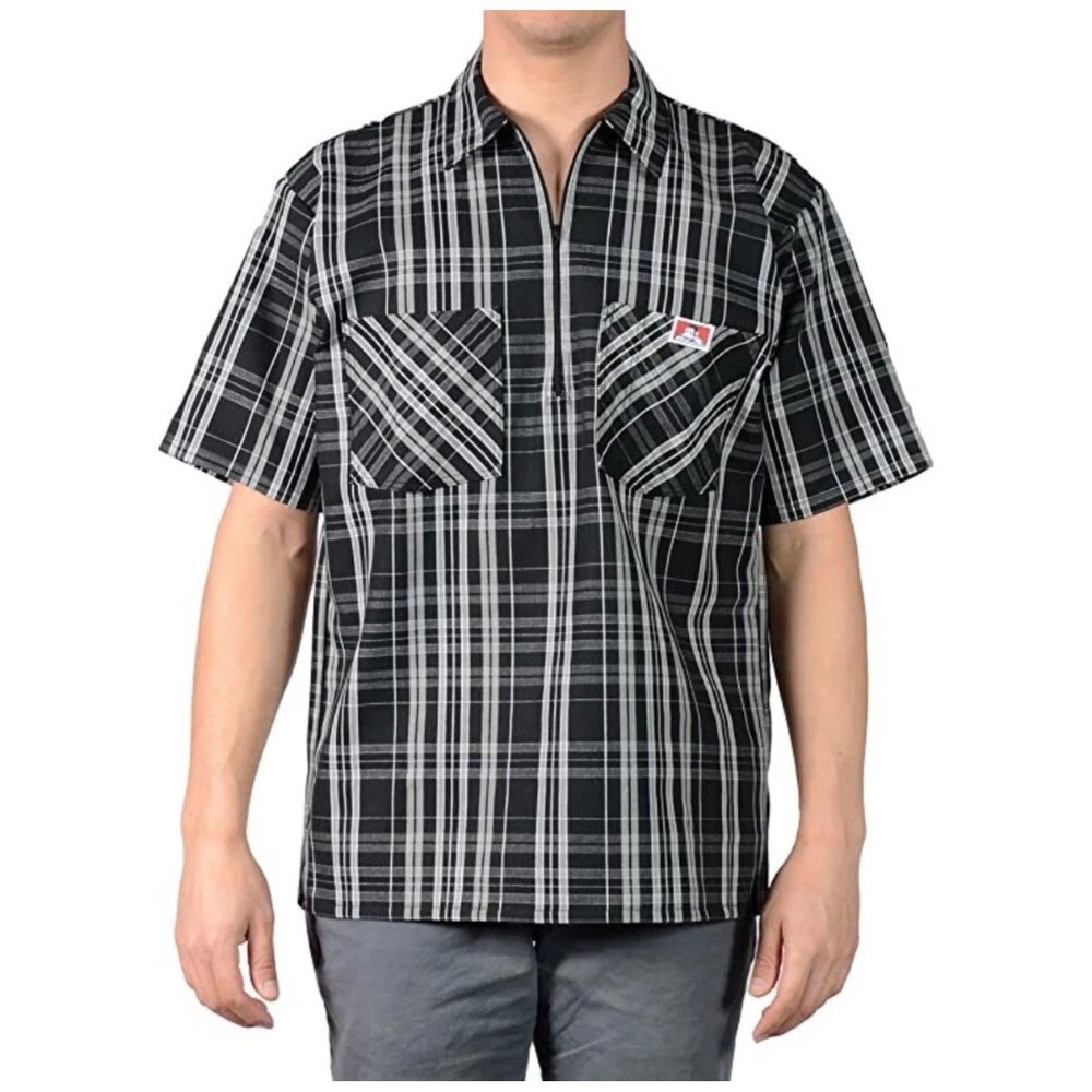 Ben Davis 2XL Black White Plaid‎ Half Zip Short Sleeve WorkShirt Made in US zz31